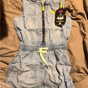 Justice Light Blue Chambray Sleeveless Romper with Yellow Zip Pull